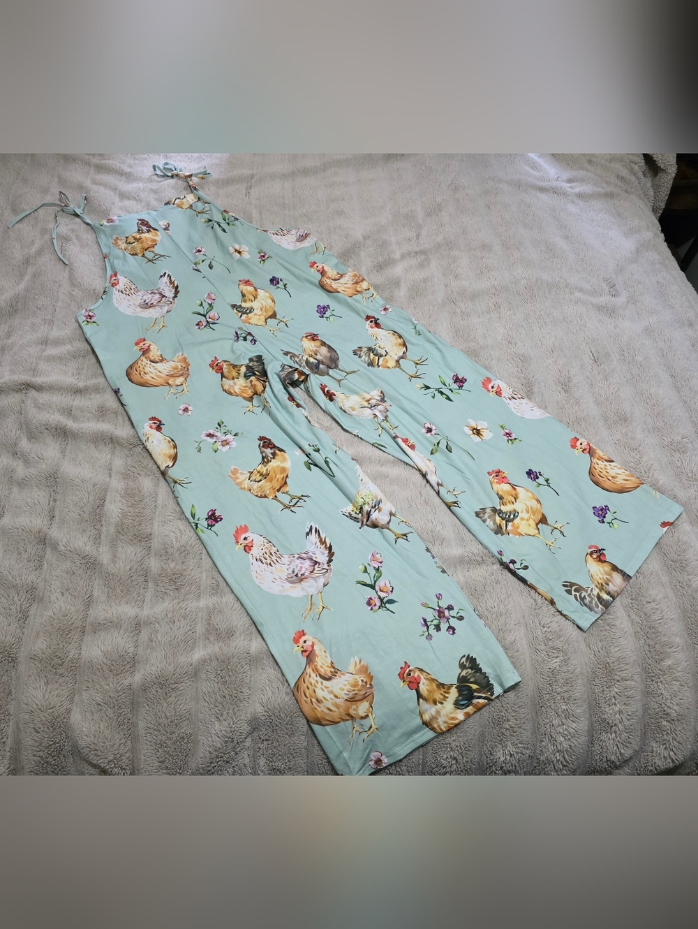 XXL Tie-Shoulder Mint Chicken-Print Jumpsuit